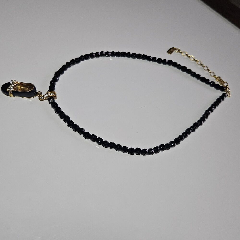 *Sale* 1928 Faceted Black Bead Necklace Gold Tone Shoe Pendant 16.5-19.5" - Picture 9 of 14